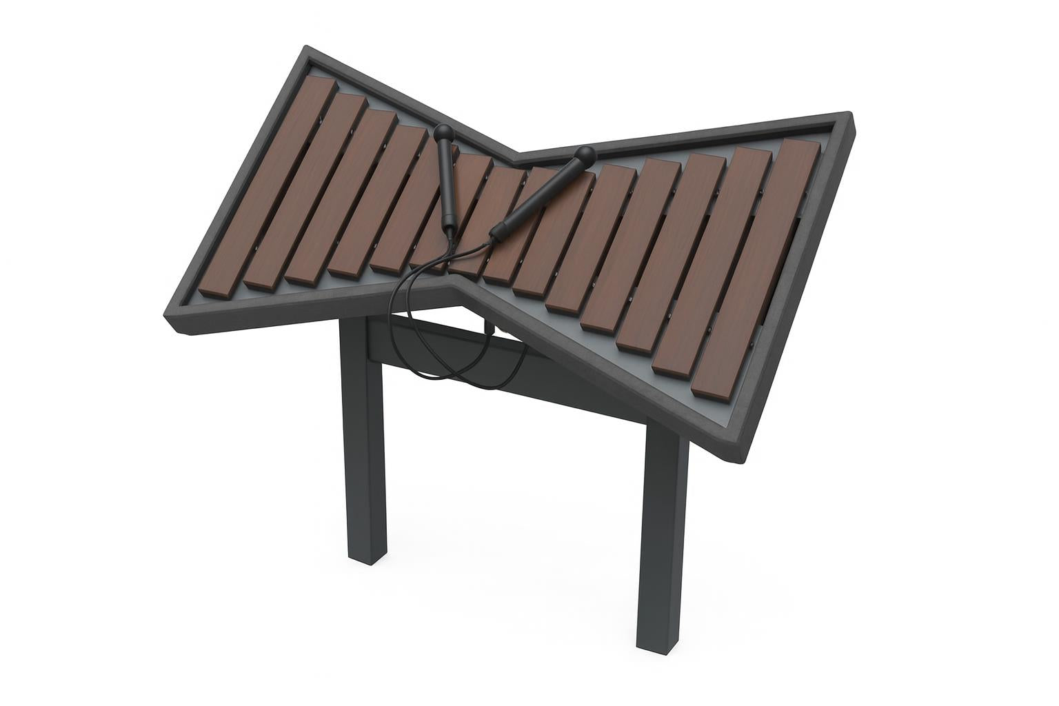 Cadence Outdoor Musical Park Instrument tenor marimba with 13 dark brown fiberglass keys and two mallets on black stand among greenery and rocks