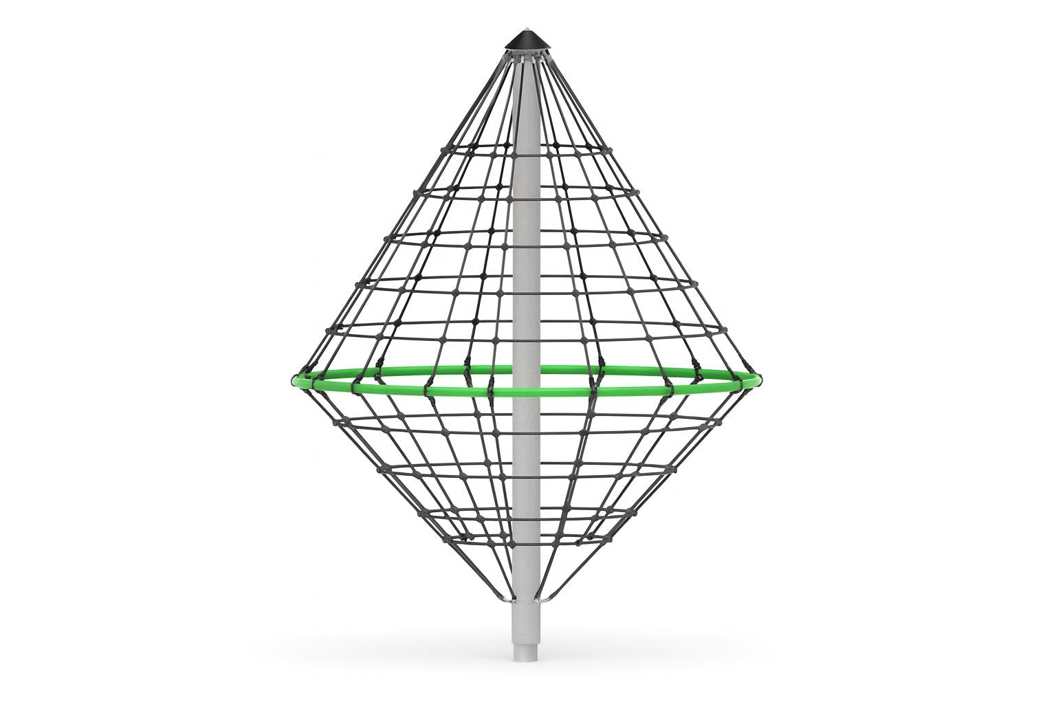 Climbing Whirl vertical climbing net with diamond rope webbing, central pole, and green circular support ring for playgrounds