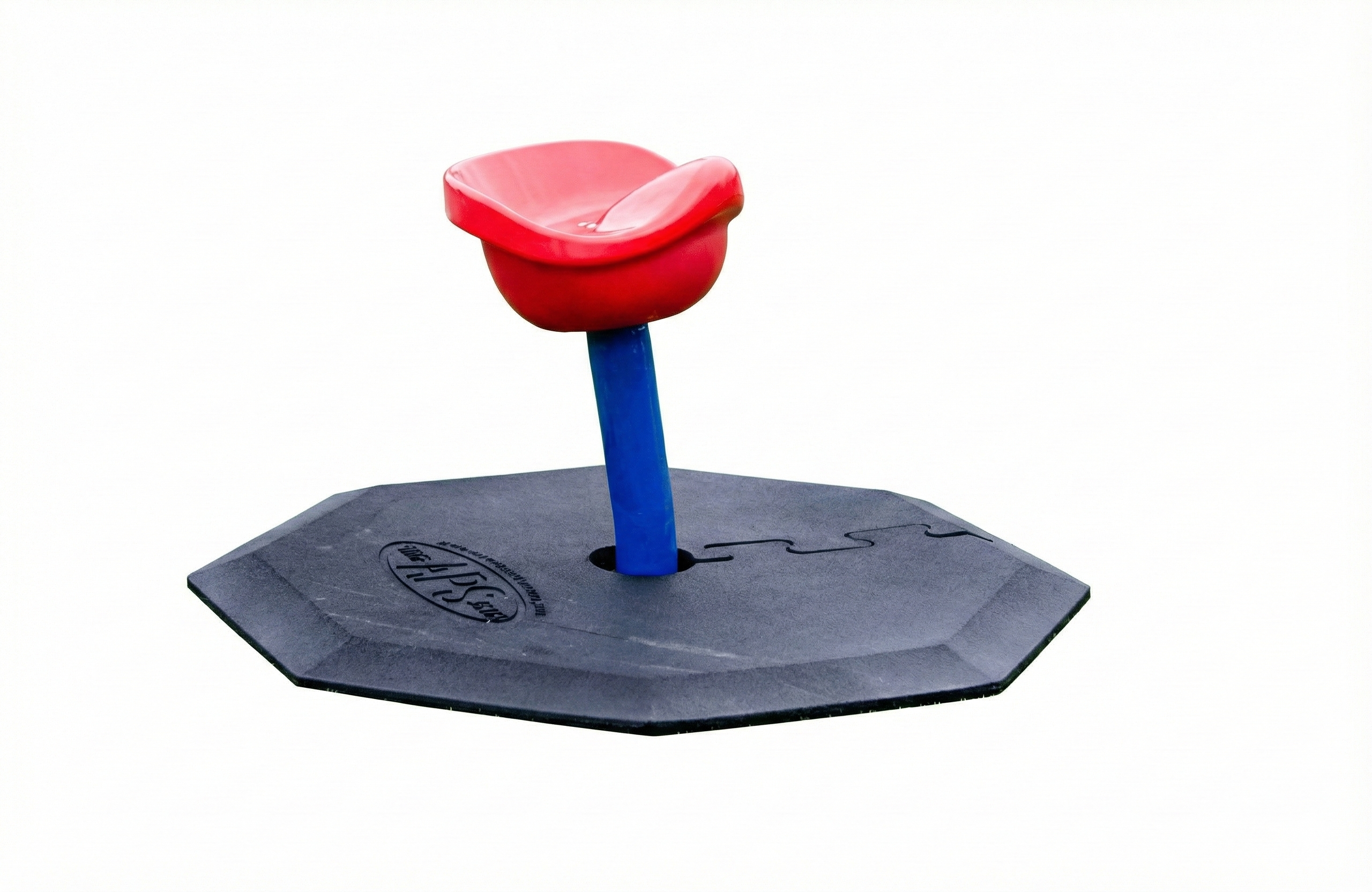 Spinner Wear Mat with red and blue playground spinner on cushioned, slip-resistant octagonal base with beveled edges
