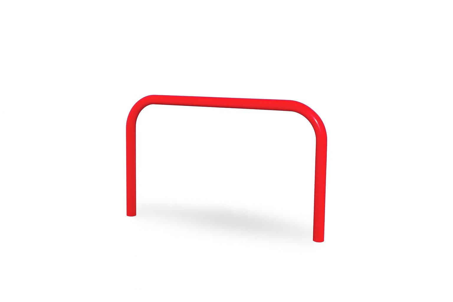 Vault Bar Challenge bright red climbing equipment with rounded top, person in red jacket performing dip, outdoor fitness and agility training