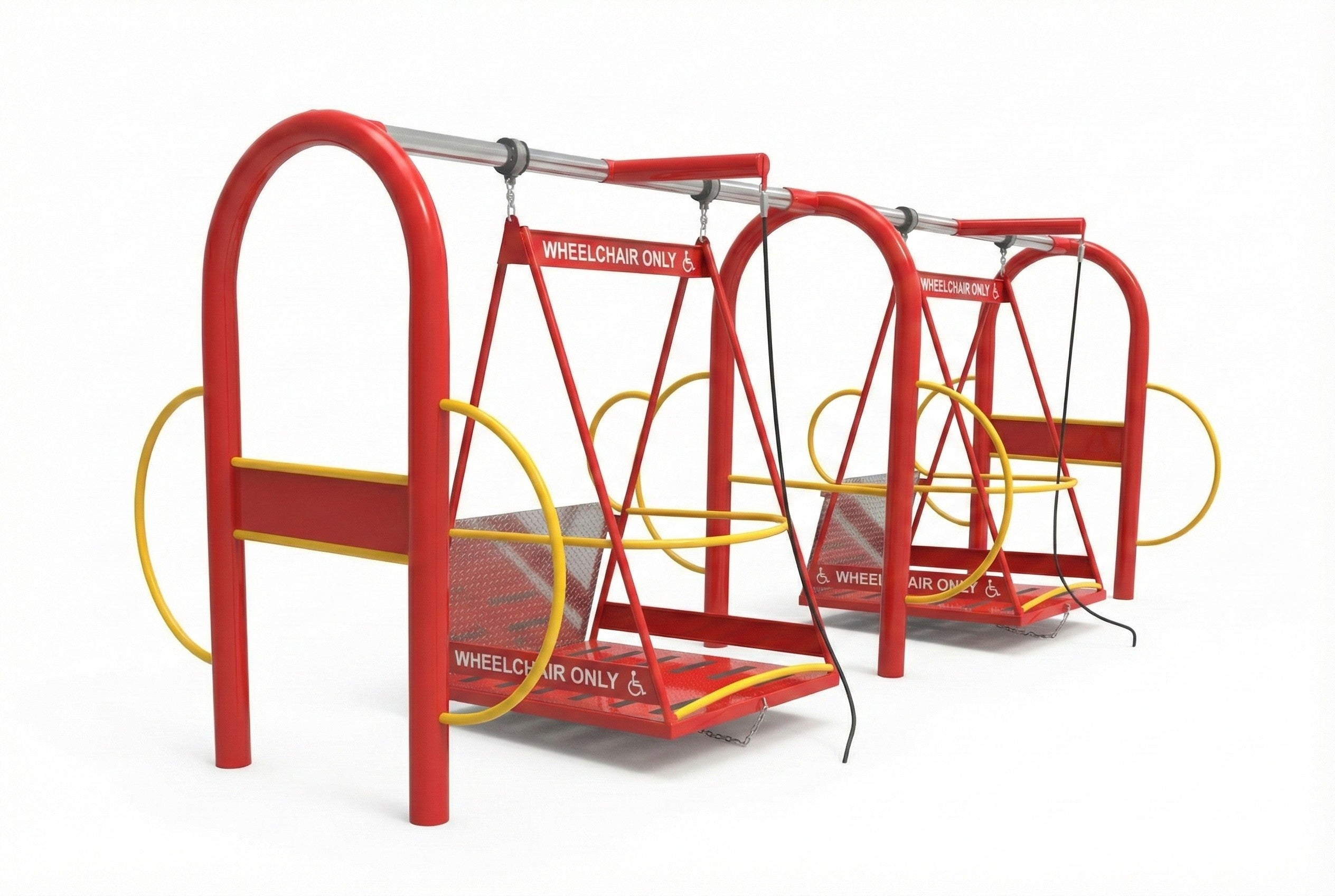 Freedom Glider ADA Accessible Swing Set platform with red frame, yellow handrails, wheelchair access, and self-propel feature on blue safety surface