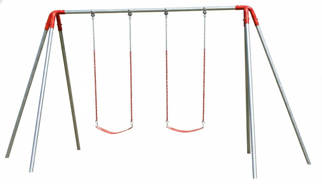 Heavy Duty 10 Foot High Swing Set with two red seats and metal chains on a sturdy silver and red metal frame in a grassy park setting