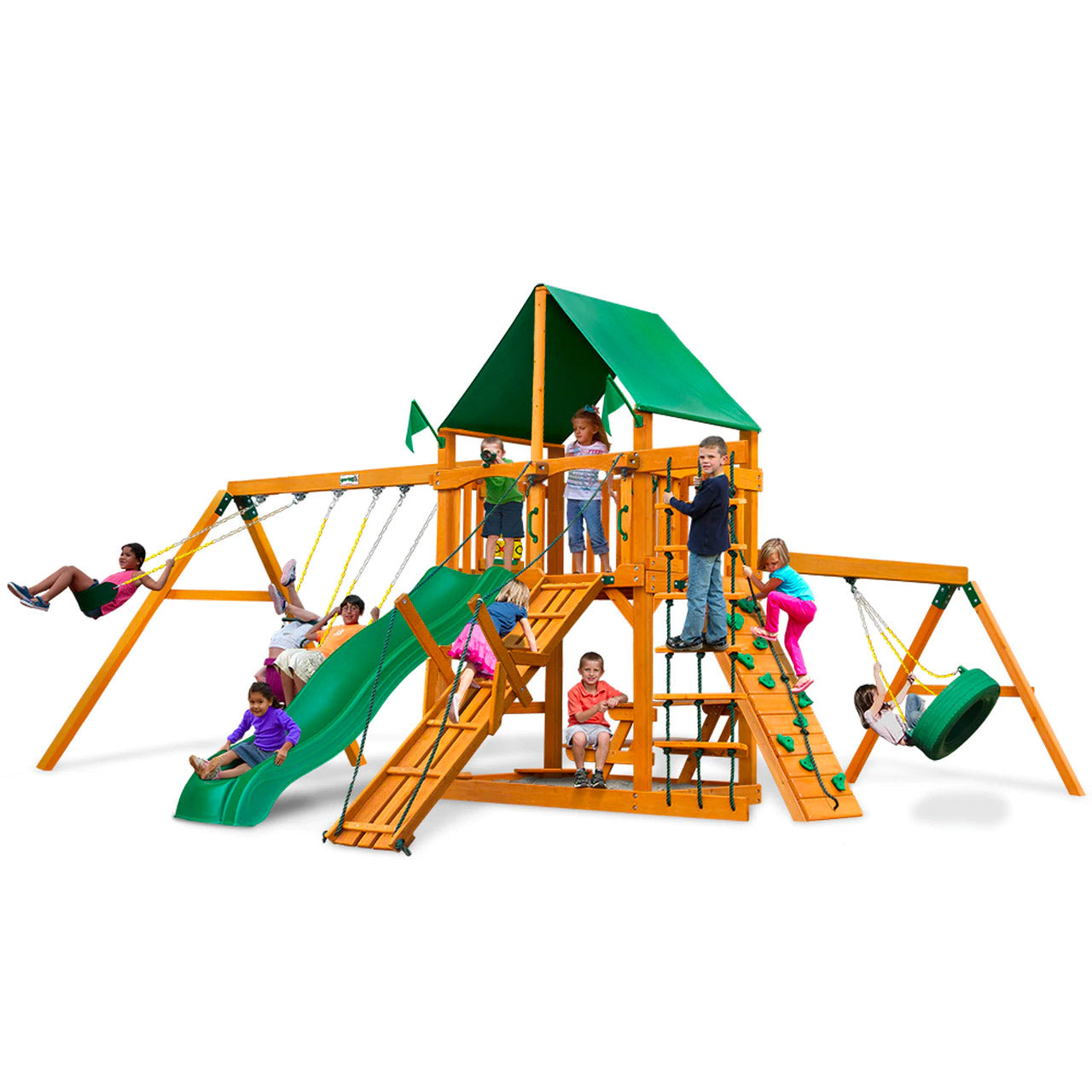 Frontier AP Wooden Swing Set with amber cedar frame, green canopy, slide, climbing wall, tire swing, and children playing outdoors