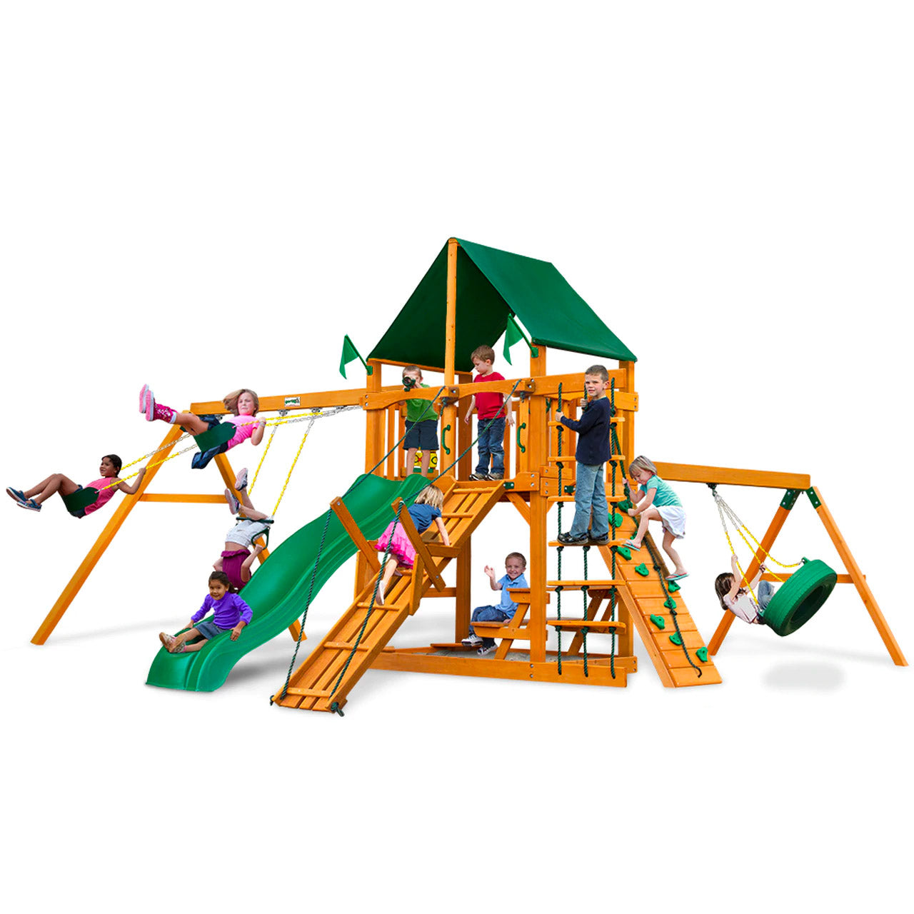 Cedar wooden playset with green canopy, slide, climbing ramps, belt swings, tire swing, and children playing outdoors