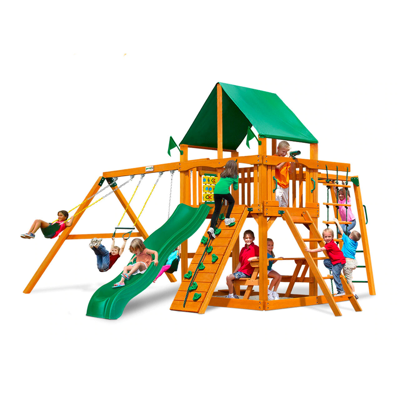 Wooden playset with green vinyl canopy, slide, two belt swings, climbing wall, rope ladder, picnic table, and tic-tac-toe panel