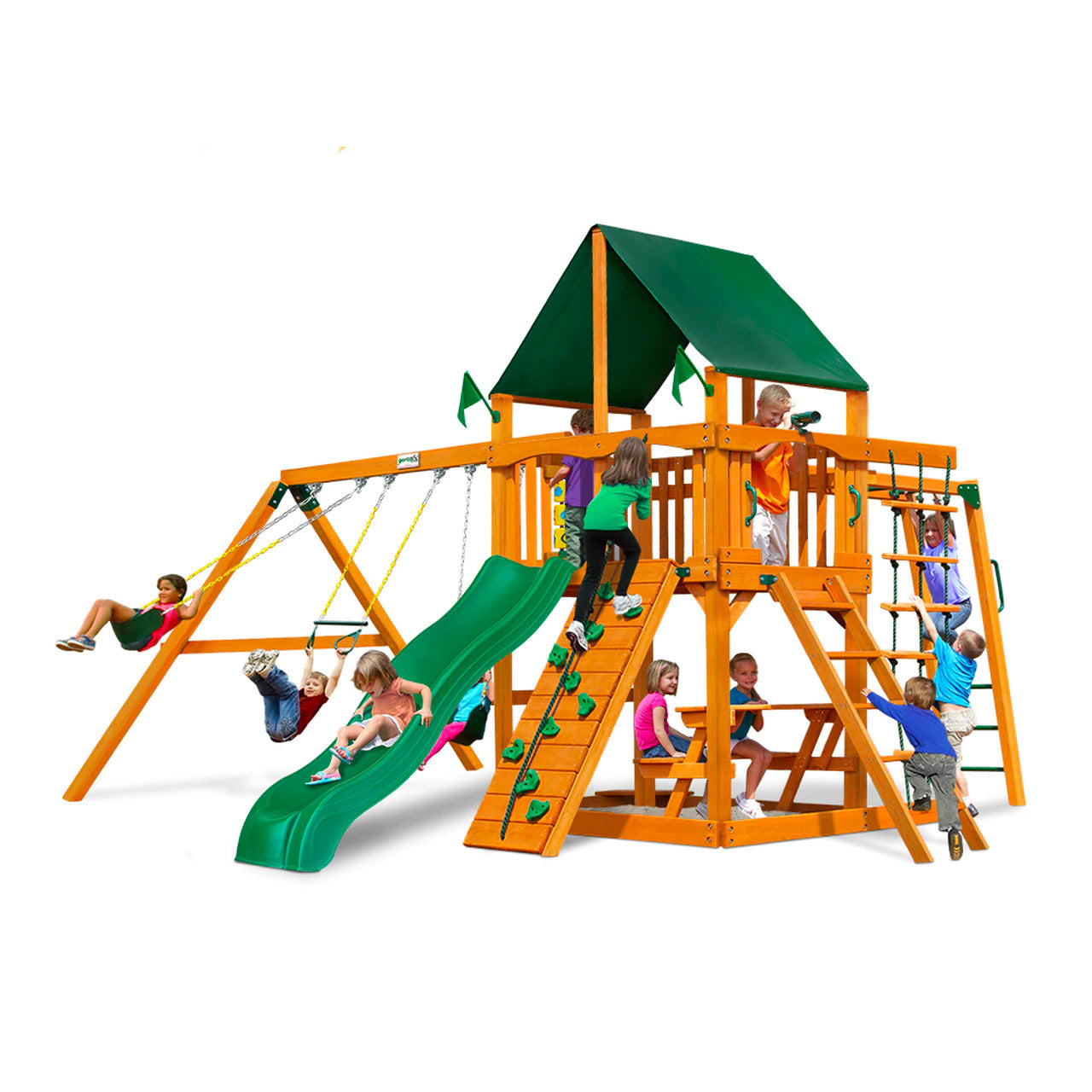 Wooden playset with green vinyl canopy, slide, swings, climbing wall, rope ladder, picnic table, and children playing