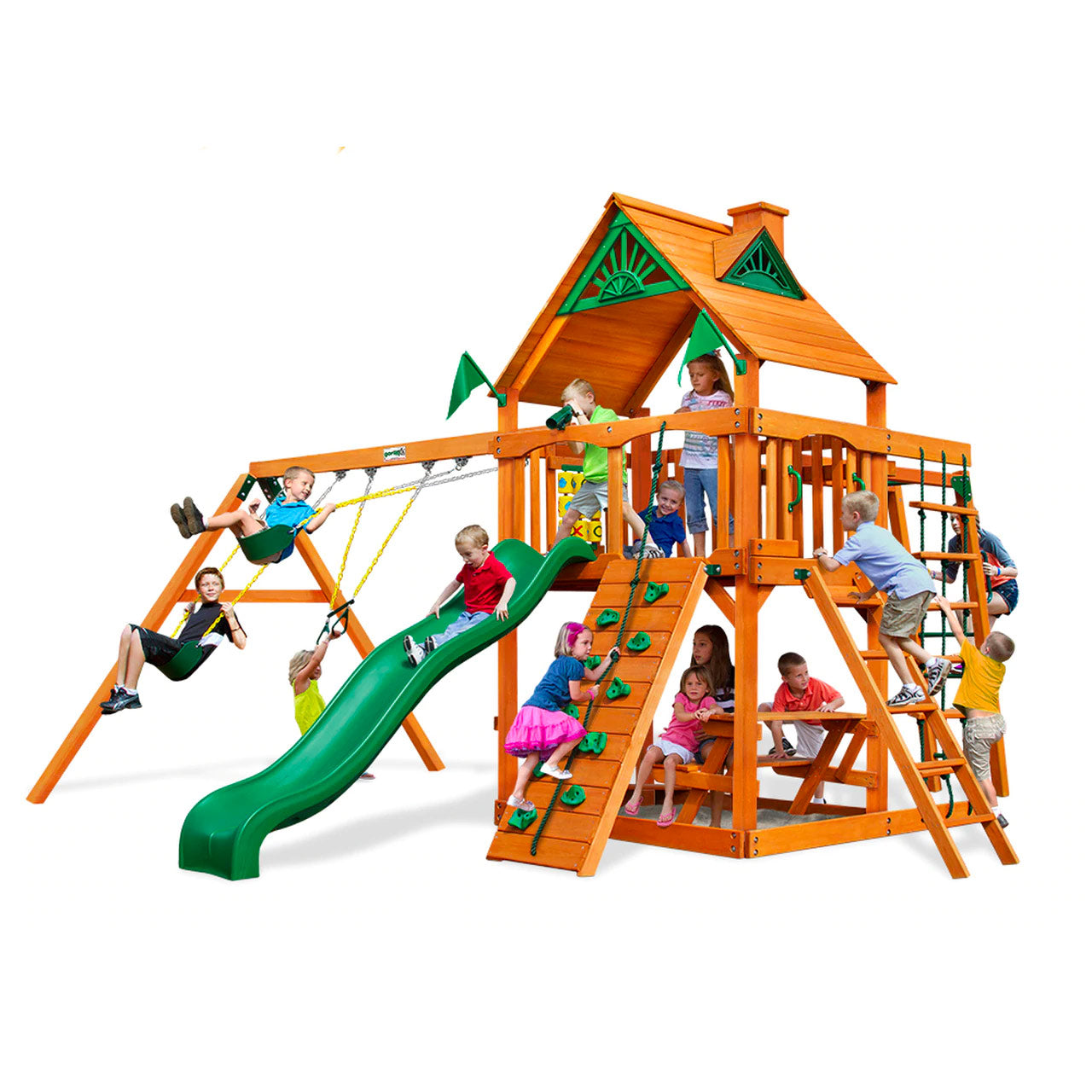 Navigator AP Deluxe Wooden Swing Set with amber cedar wood, green vinyl canopy, green slide, swings, climbing wall, rope ladder, and playhouse roof