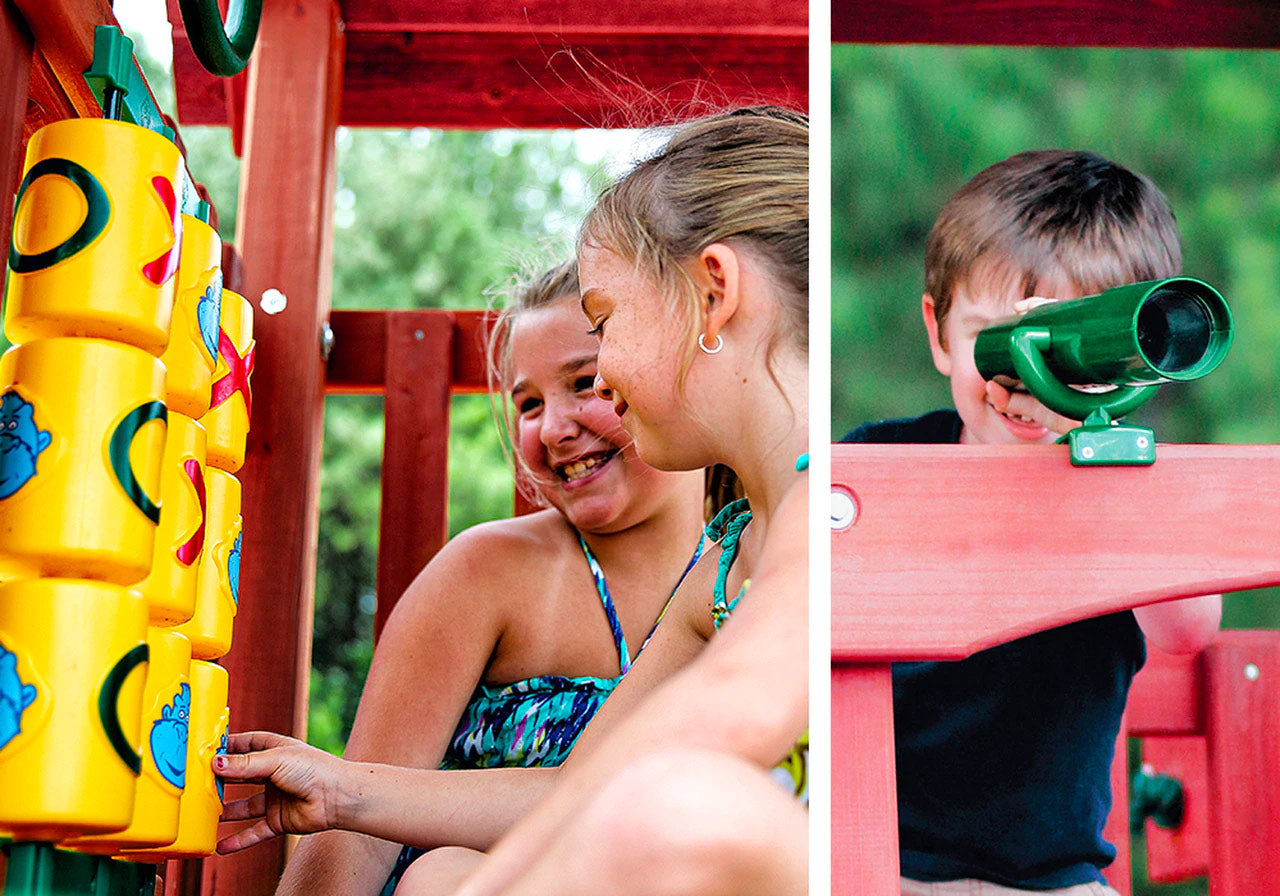 Children playing on redwood wooden swing set with tic-tac-toe panel and green telescope