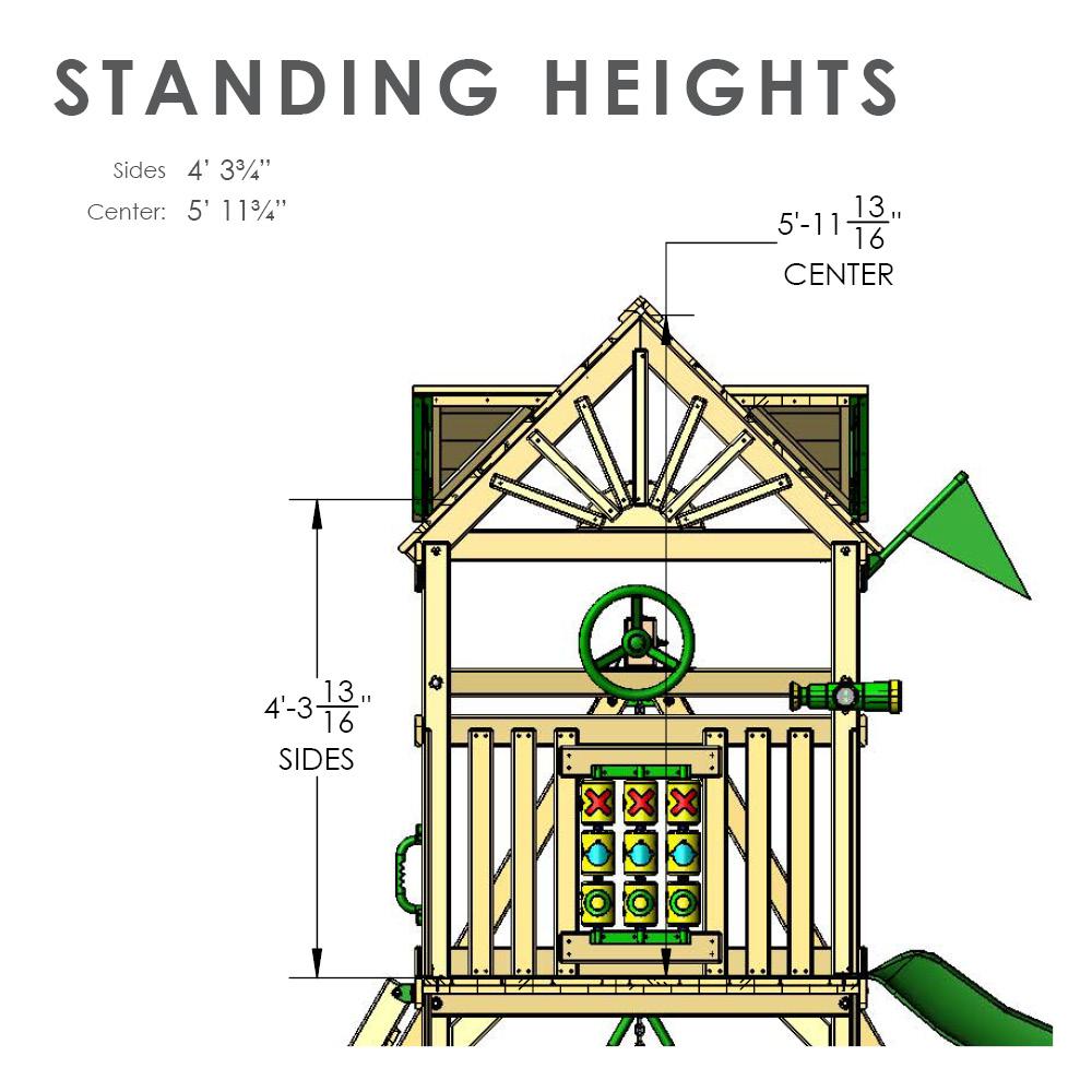 Wooden playset with tic-tac-toe panel, steering wheel, telescope, green flag, and redwood finish roof