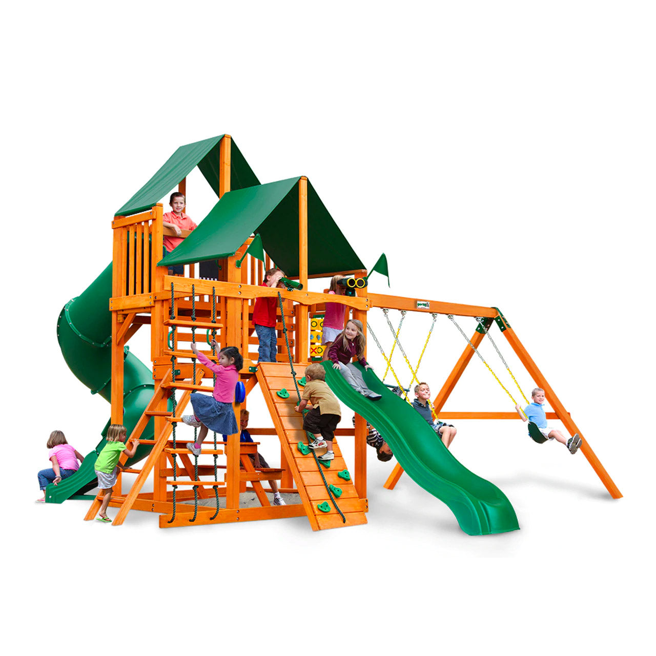 Amber-stained wooden playset with green vinyl canopy roofs, dual belt swings, turbo tube slide, climbing wall, rope ladder, and children playing