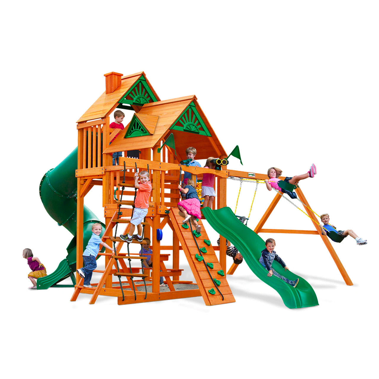 Great Skye I AP Wooden Swing Set with amber cedar wood, green slide, climbing wall, rope ladder, dual swings, trapeze, and playhouse roof