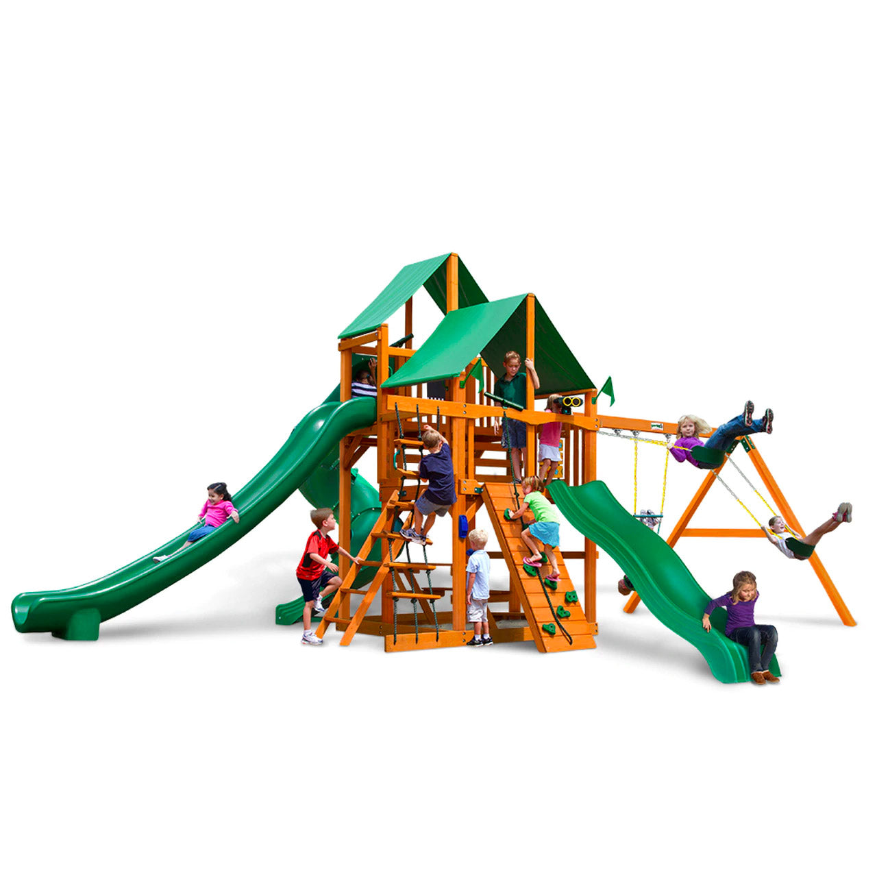Wooden playset with green canopy roofs, three slides, climbing walls, swings, and children playing on various features