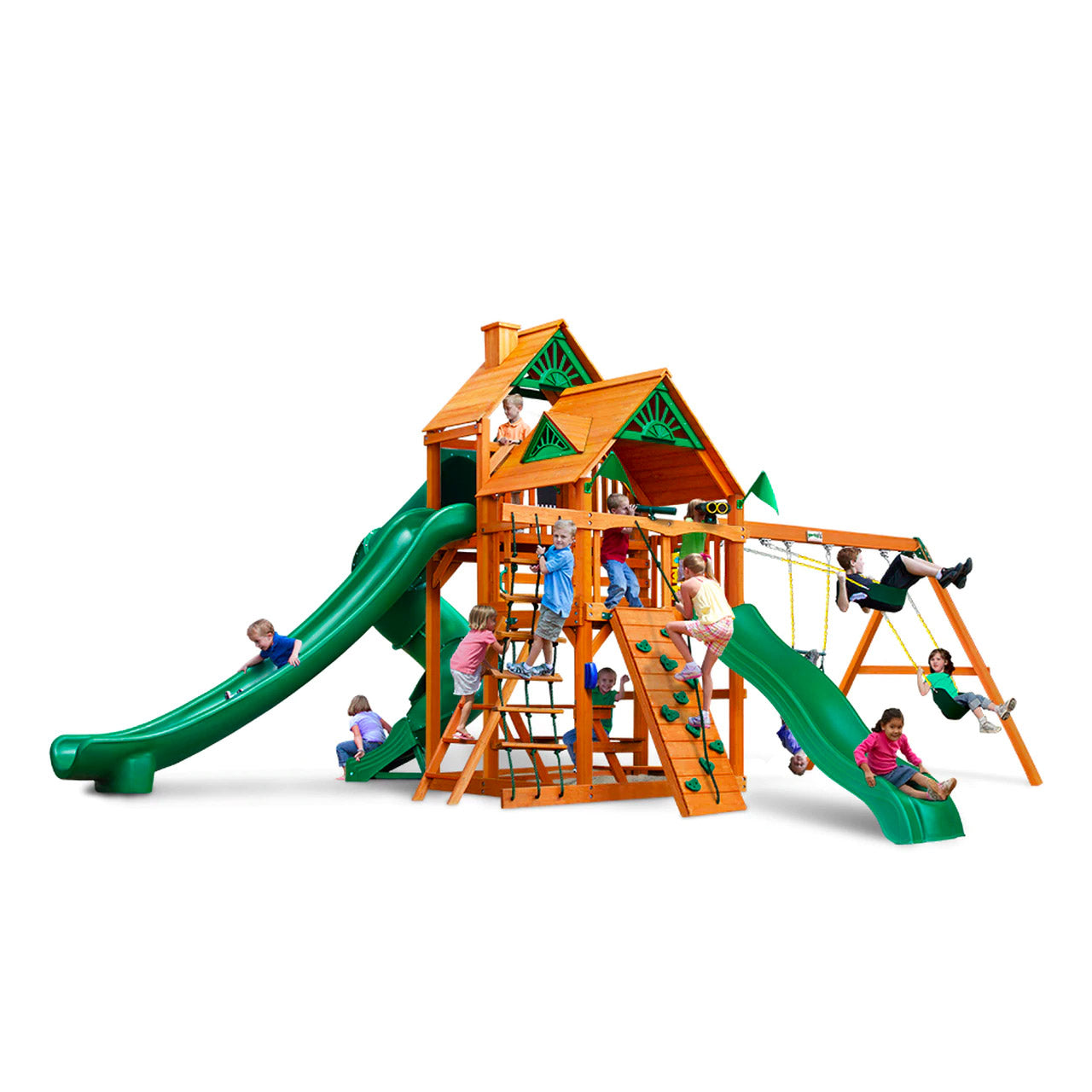 Great Skye II AP Wooden Swing Set with cedar frame, green slides, swings, climbing wall, playhouse roof, and children playing outdoors