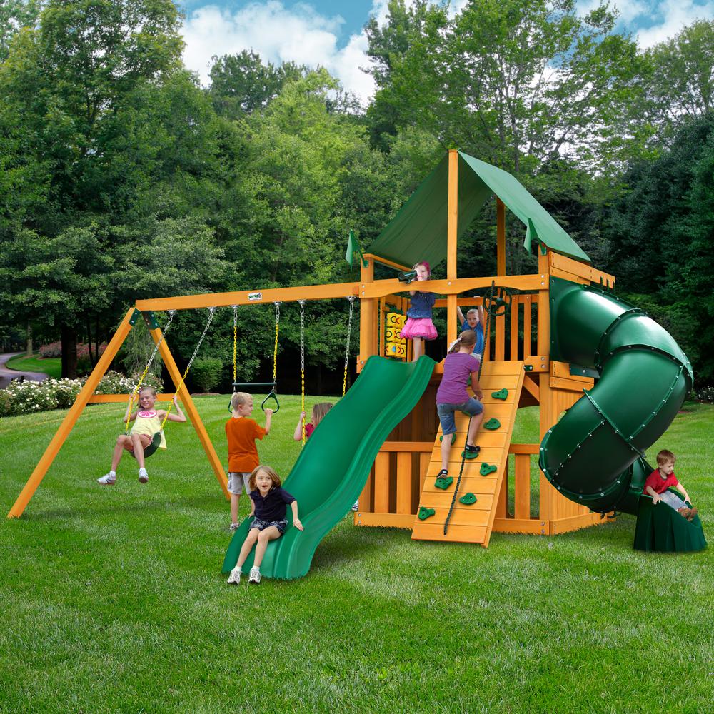 Mountaineer Clubhouse AP Wooden Swing Set Green Vinyl Canopy - Rock Climbing Wall - Tube Slide
