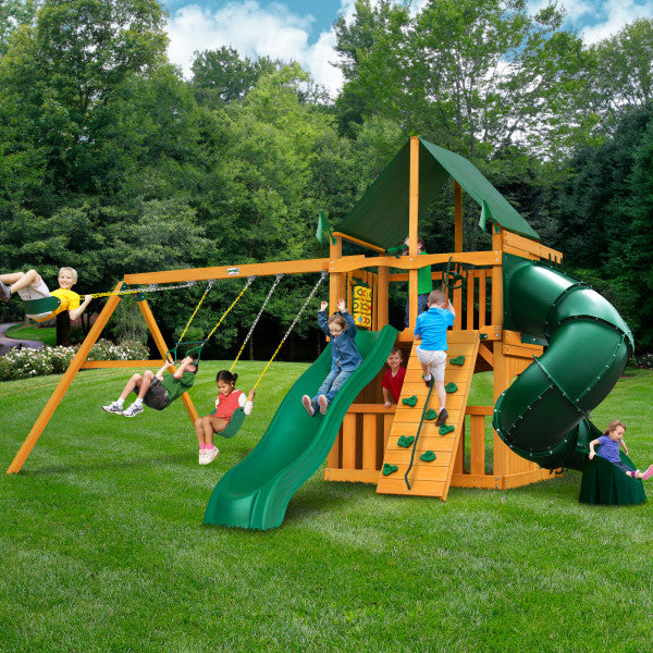 Mountaineer Clubhouse AP Wooden Swing Set Sunbrella Forest Green Vinyl Canopy - Rock Climbing Wall - Tube Slide