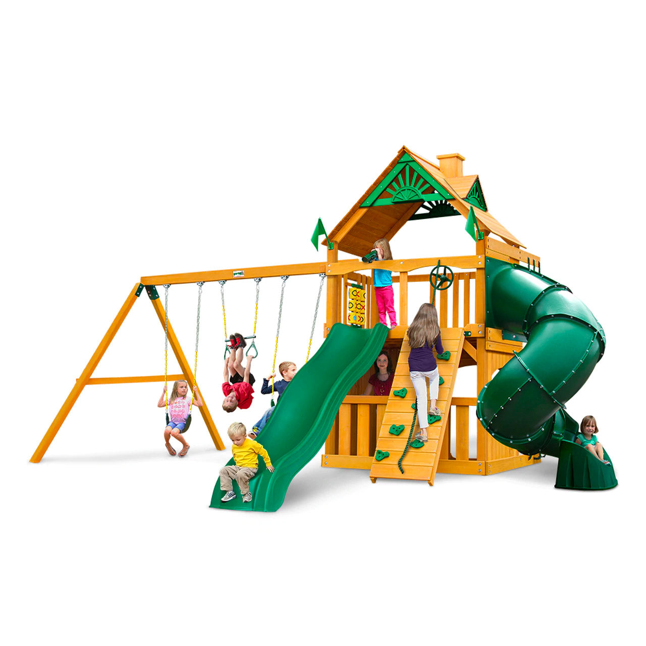 Mountaineer Clubhouse AP Wooden Swing Set with amber cedar frame, green Alpine Wave and Extreme Tube slides, rock climbing wall, swings, and lower-level clubhouse playhouse