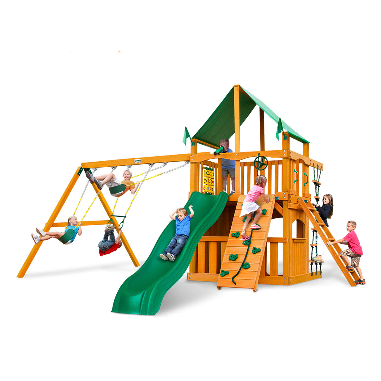 Wooden playset with green vinyl canopy, slide, swings, climbing walls, rope ladder, and children playing outdoors