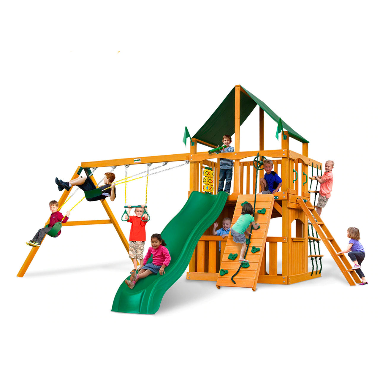 Wooden playset with green slide, swings, climbing wall, rope ladder, and children playing outdoors