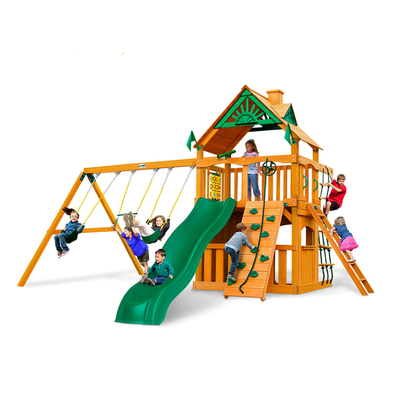Chateau Clubhouse AP Wooden Swing Set with amber cedar wood, green slide, swings, climbing wall, and playhouse roof