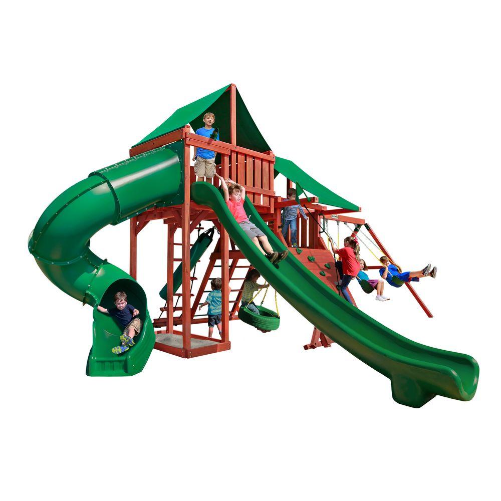 Sun Climber Deluxe Wooden Swing Set with redwood frame, green Sunbrella canopy, two slides, climbing wall, tire swing, and children playing