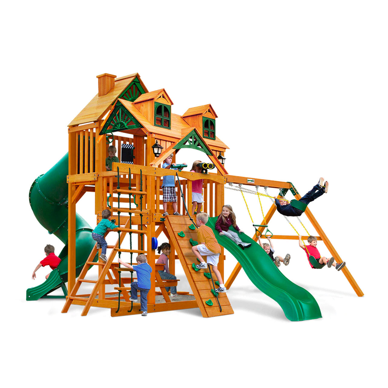 Amber-finished wooden playset with green tube slide, climbing wall, rope ladder, dual swings, and playhouse with dormer windows
