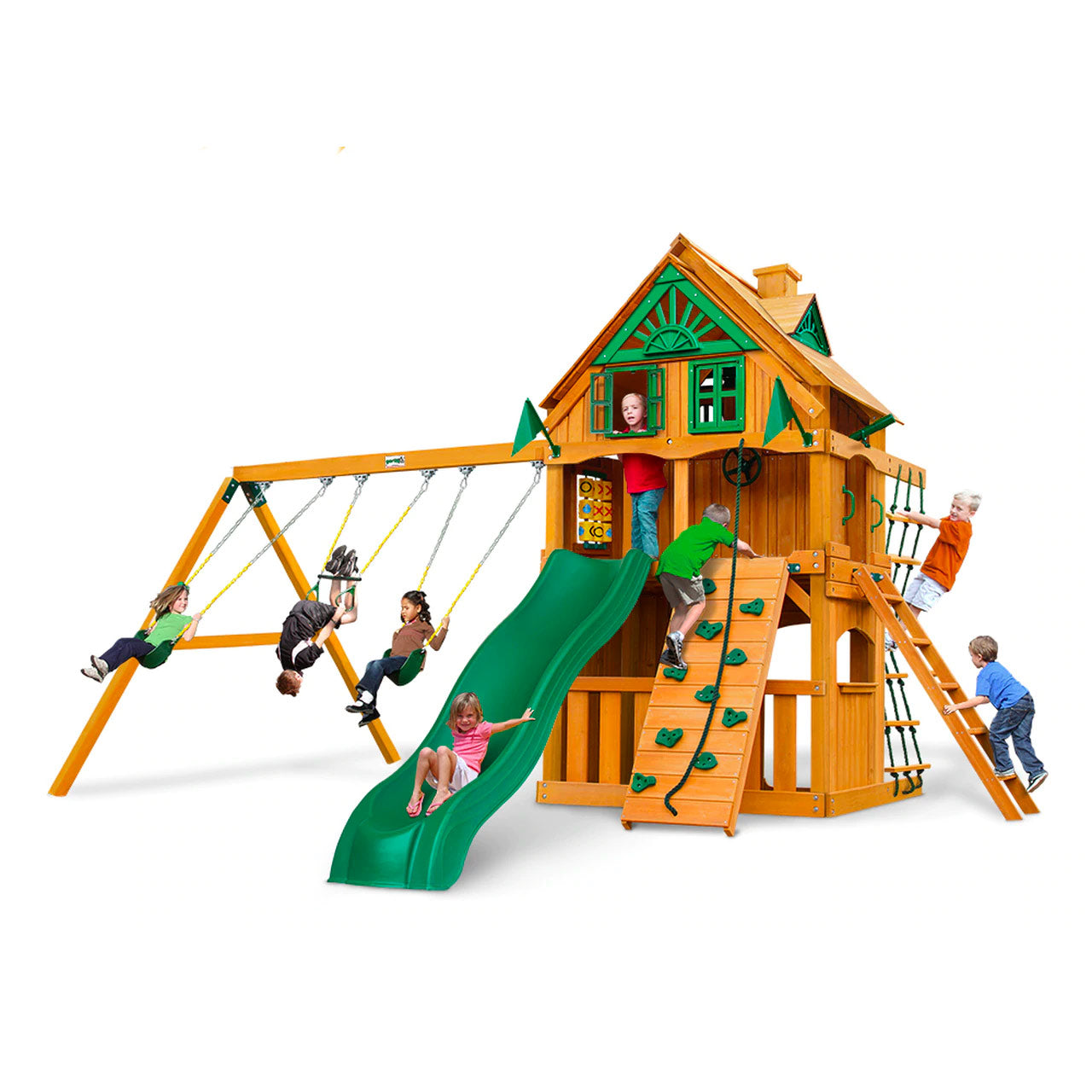 Wooden playset with green alpine wave slide, swings, climbing walls, rope ladder, and clubhouse with green accents and children playing