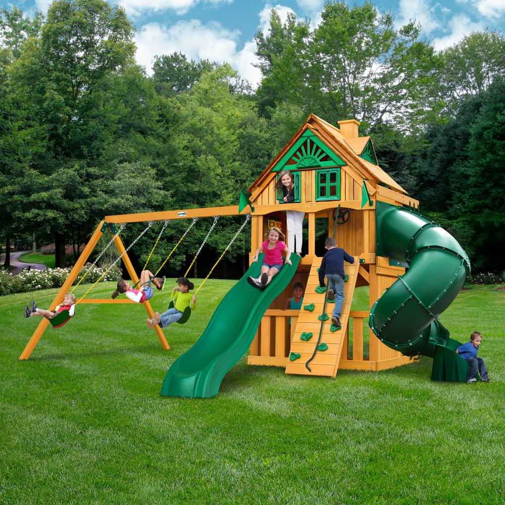Mountaineer Clubhouse AP Wooden Swing Set Fort Addon - Rock Climbing Wall - Tube Slide