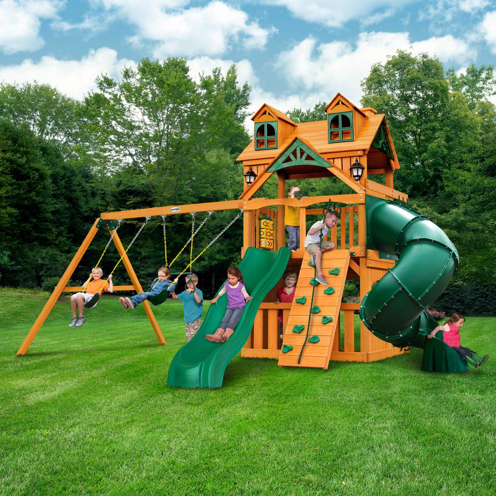 Mountaineer Clubhouse AP Wooden Swing Set Malibu Wood Roof - Rock Climbing Wall - Tube Slide