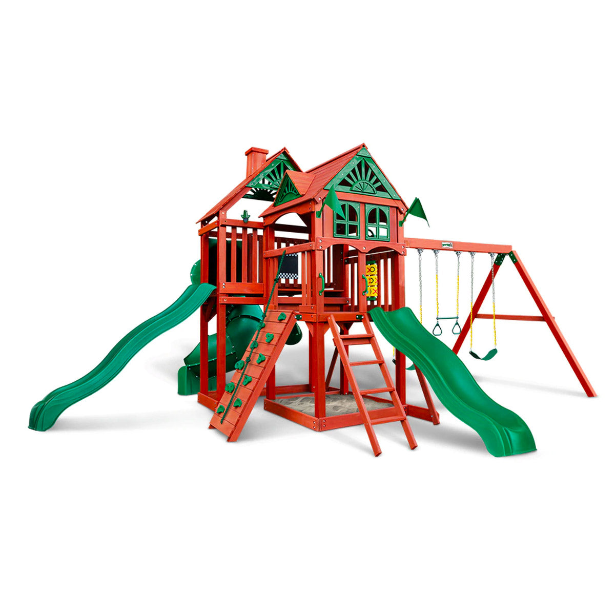 Five Star Deluxe Wooden Swing Set with redwood stain, two green slides, climbing wall, swings, sandbox, and tongue and groove wood roofs