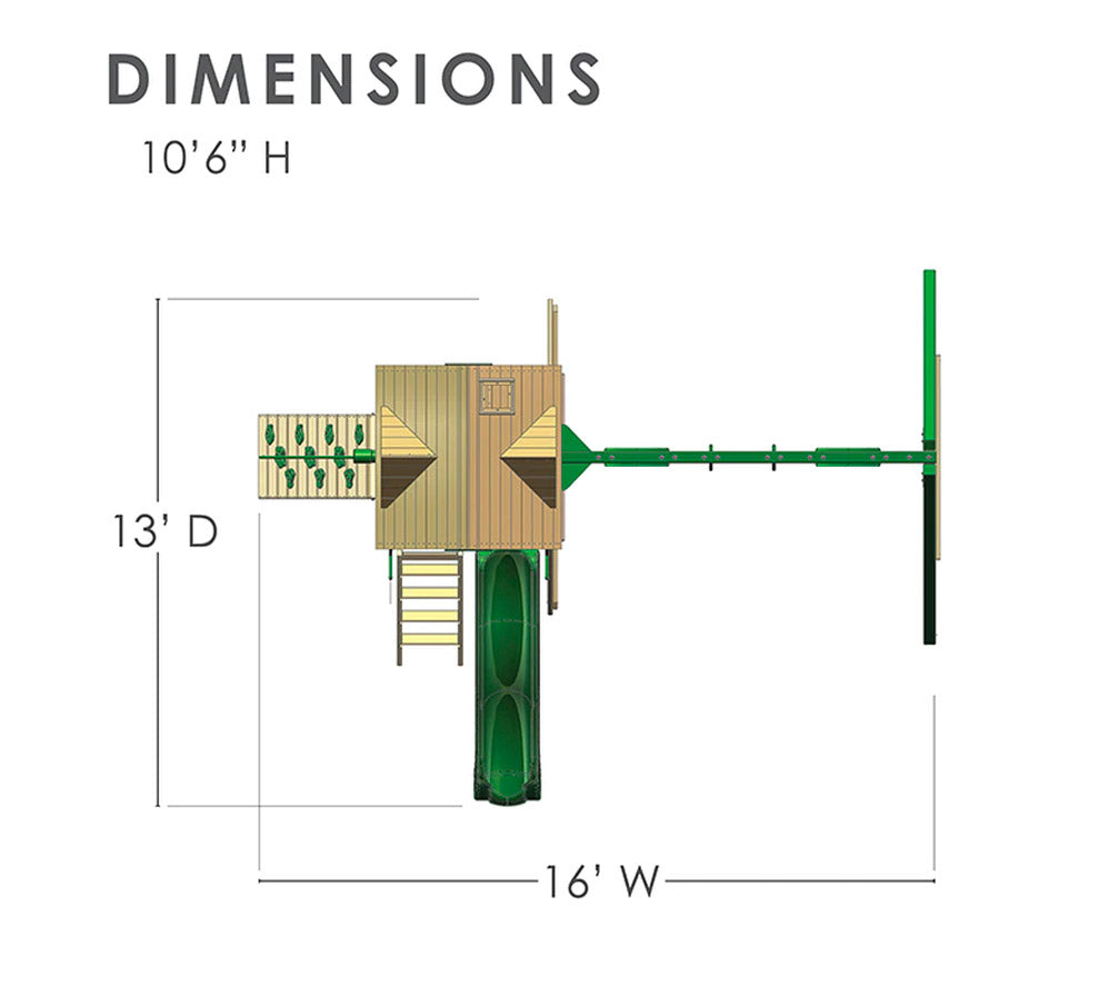 Overhead view of wooden playset with roofed clubhouse, green slides, rock climbing wall, monkey bars, and swings