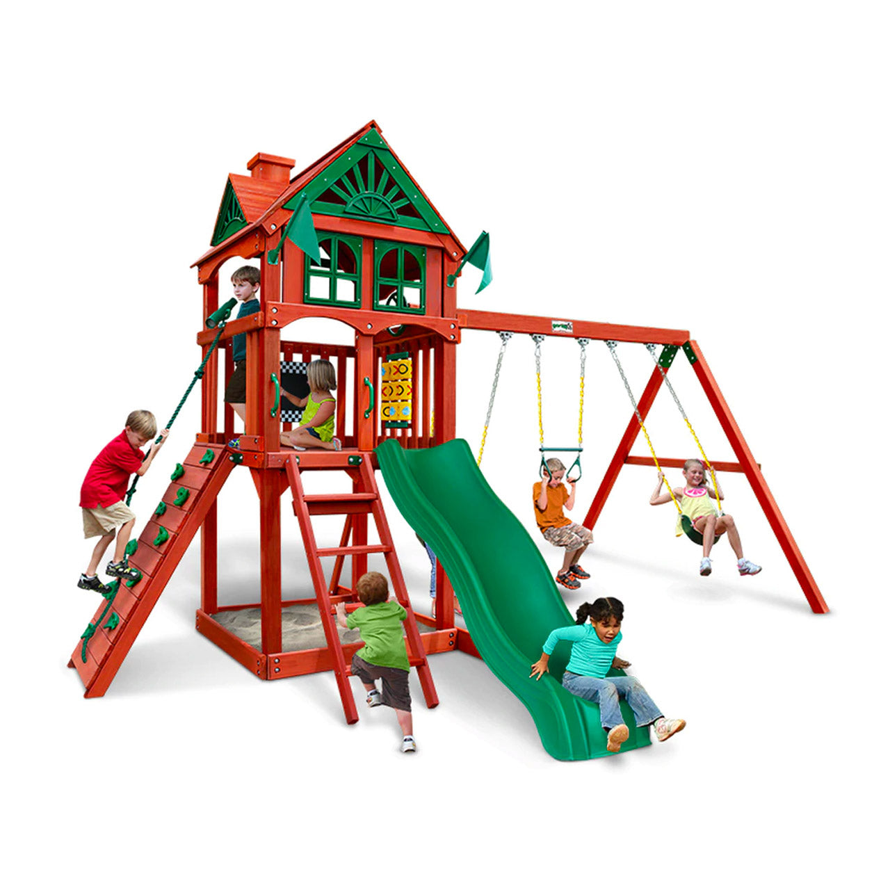 Five Star II Wooden Swing Set with green Alpine Wave slide, rock climbing wall, sandbox, swings, and semi-enclosed playhouse with decorative windows and flags