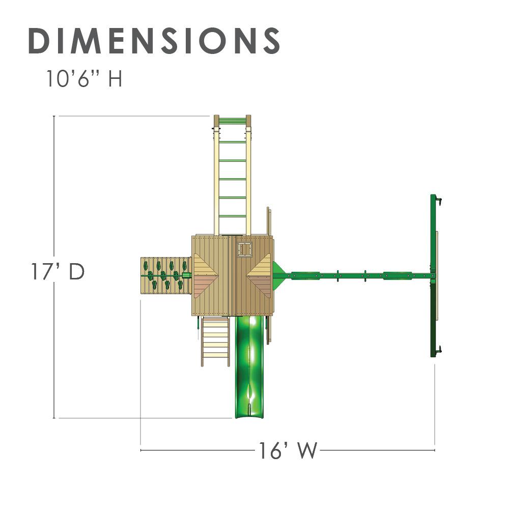 Overhead view of a wooden playset with tongue and groove roofed clubhouse, climbing wall, slide, ladder, and monkey bars
