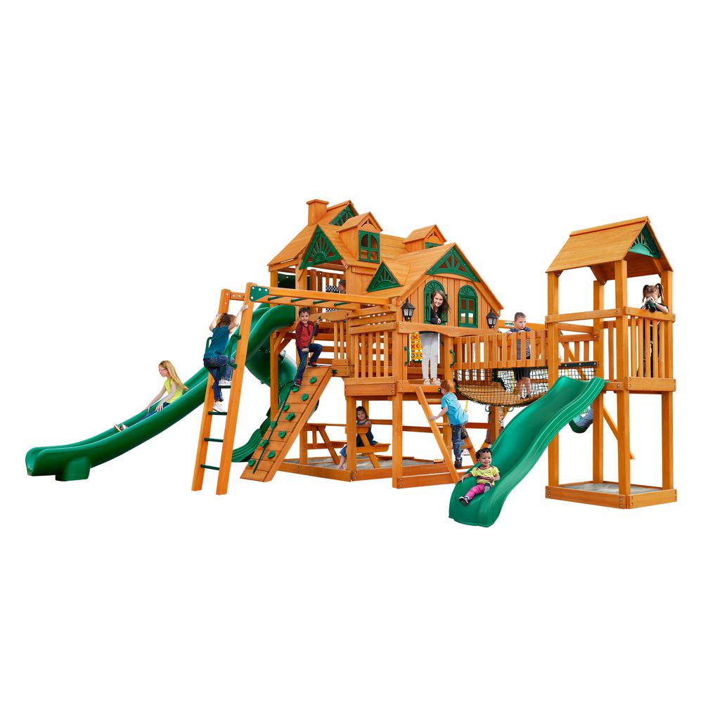 Empire Extreme AP Wooden Swing Set with cedar forts, green slides, climbing wall, monkey bars, tic-tac-toe board, and children playing