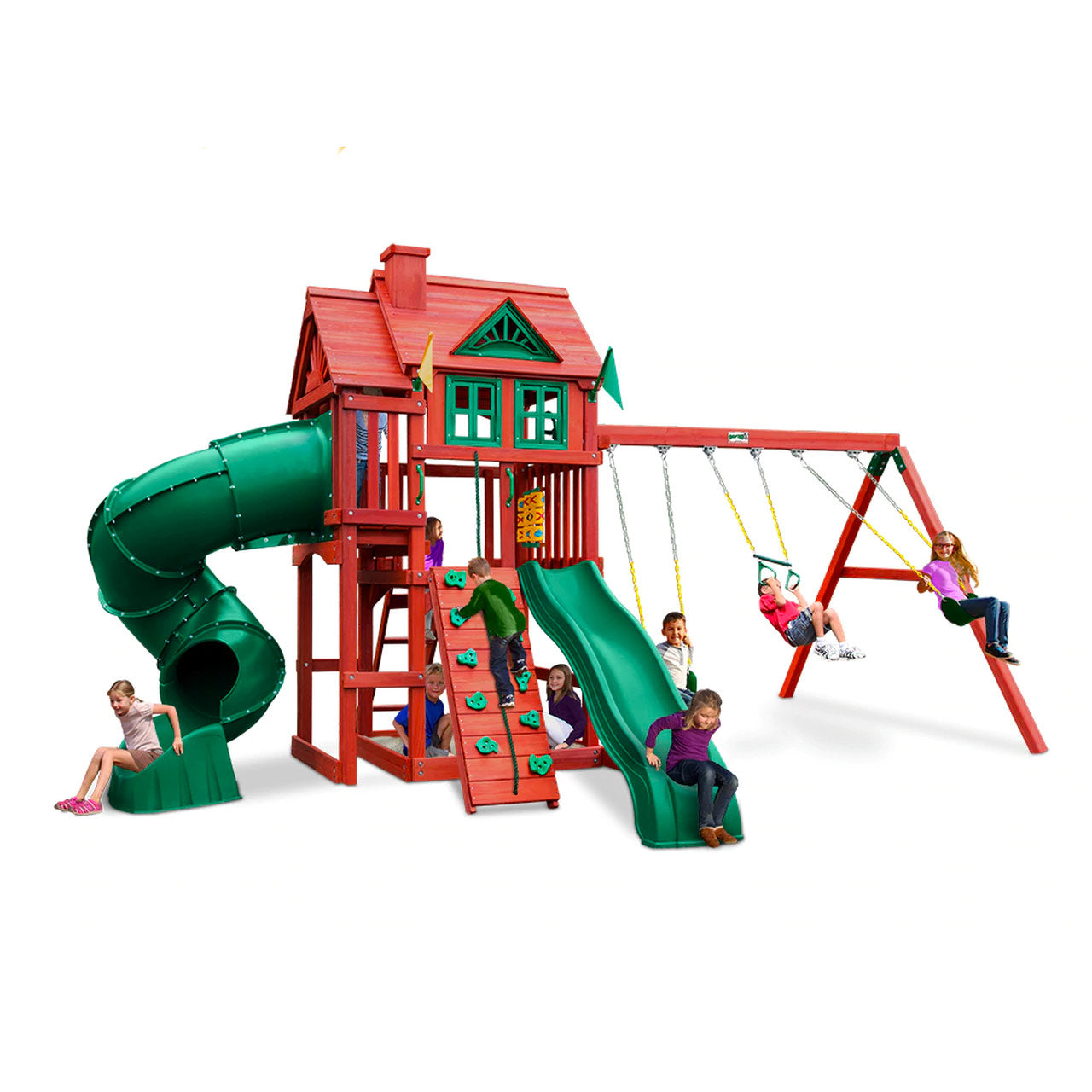 Nantucket Deluxe Wooden Swing Set with redwood finish, two play decks with wood roofs, green slides, rock climbing wall, swings, and playhouse windows