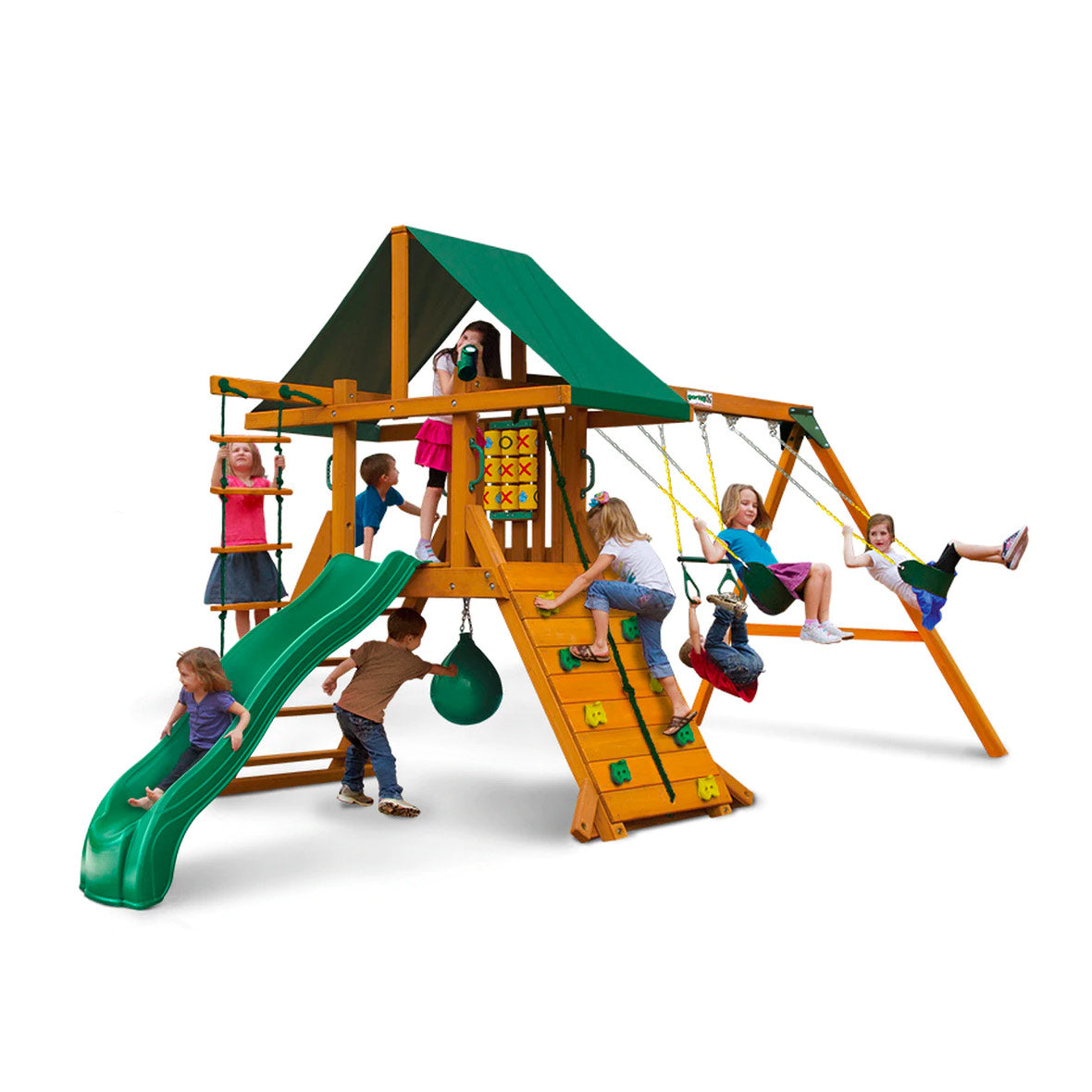 High Point Wooden Swing Set with green canopy, rock wall, climbing rope, wave slide, swings, tic-tac-toe panel, and children playing