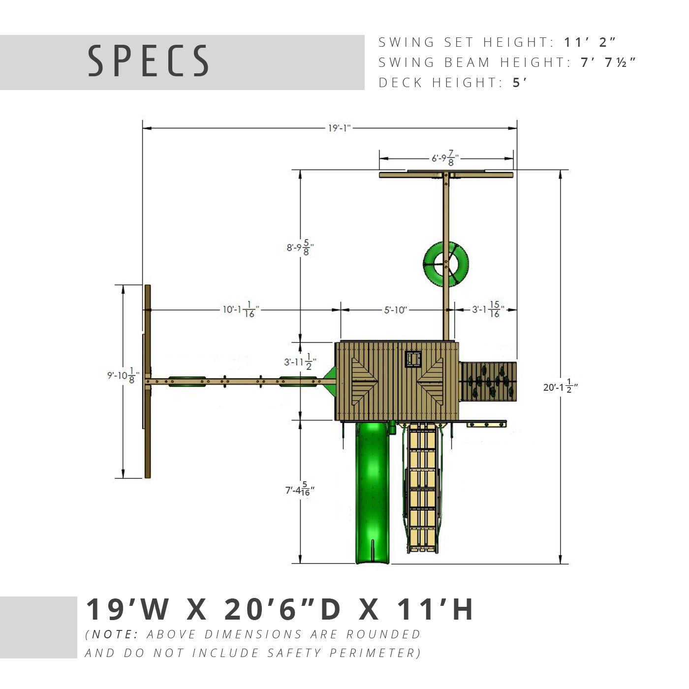 Overhead view of wooden playset with tongue and groove wood roof, green slide, climbing ramp, tire swing, and multiple swing beams