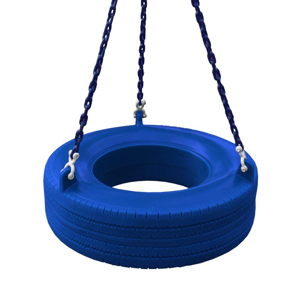 Bright blue enclosed plastic tire swing with coated chains and 360-degree swivel mount