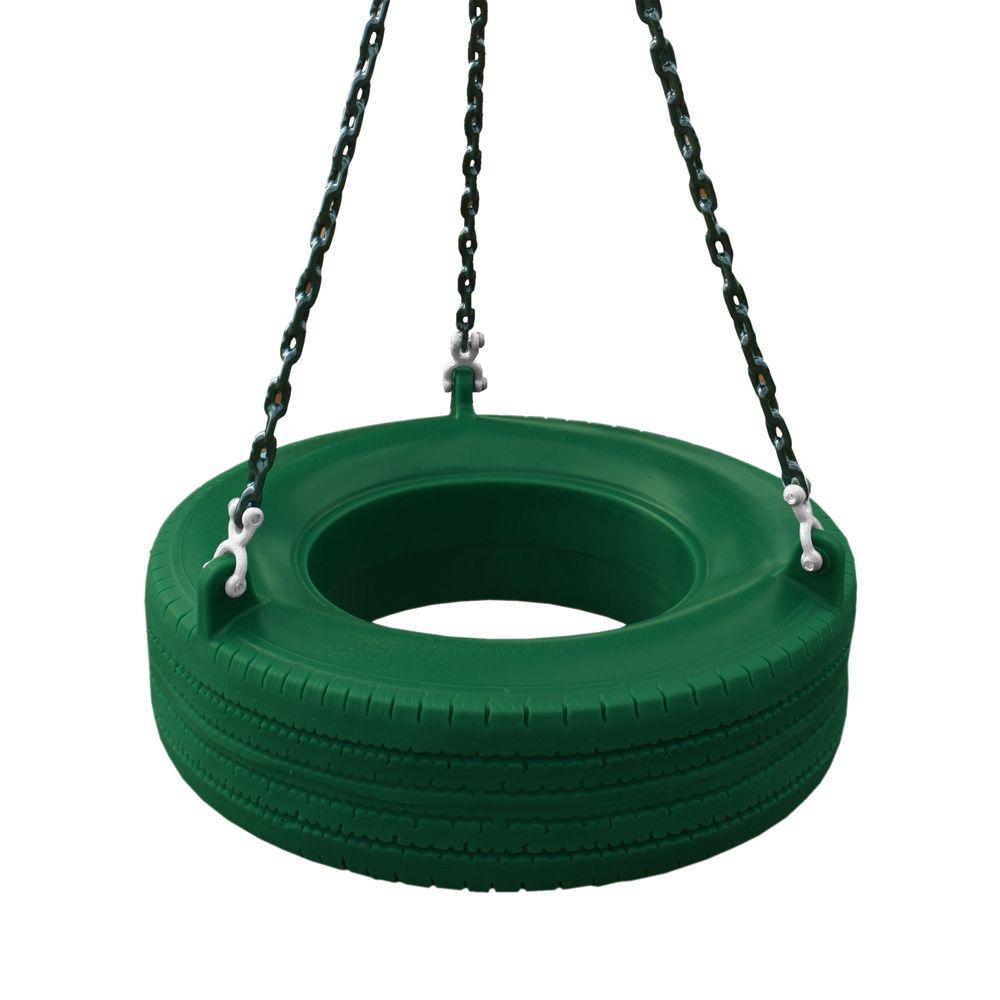 Green molded plastic enclosed tire swing with 360° swivel black coated chains and grippy plastic coating