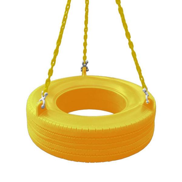 Bright yellow enclosed plastic tire swing with coated yellow chains and 360-degree swivel mount