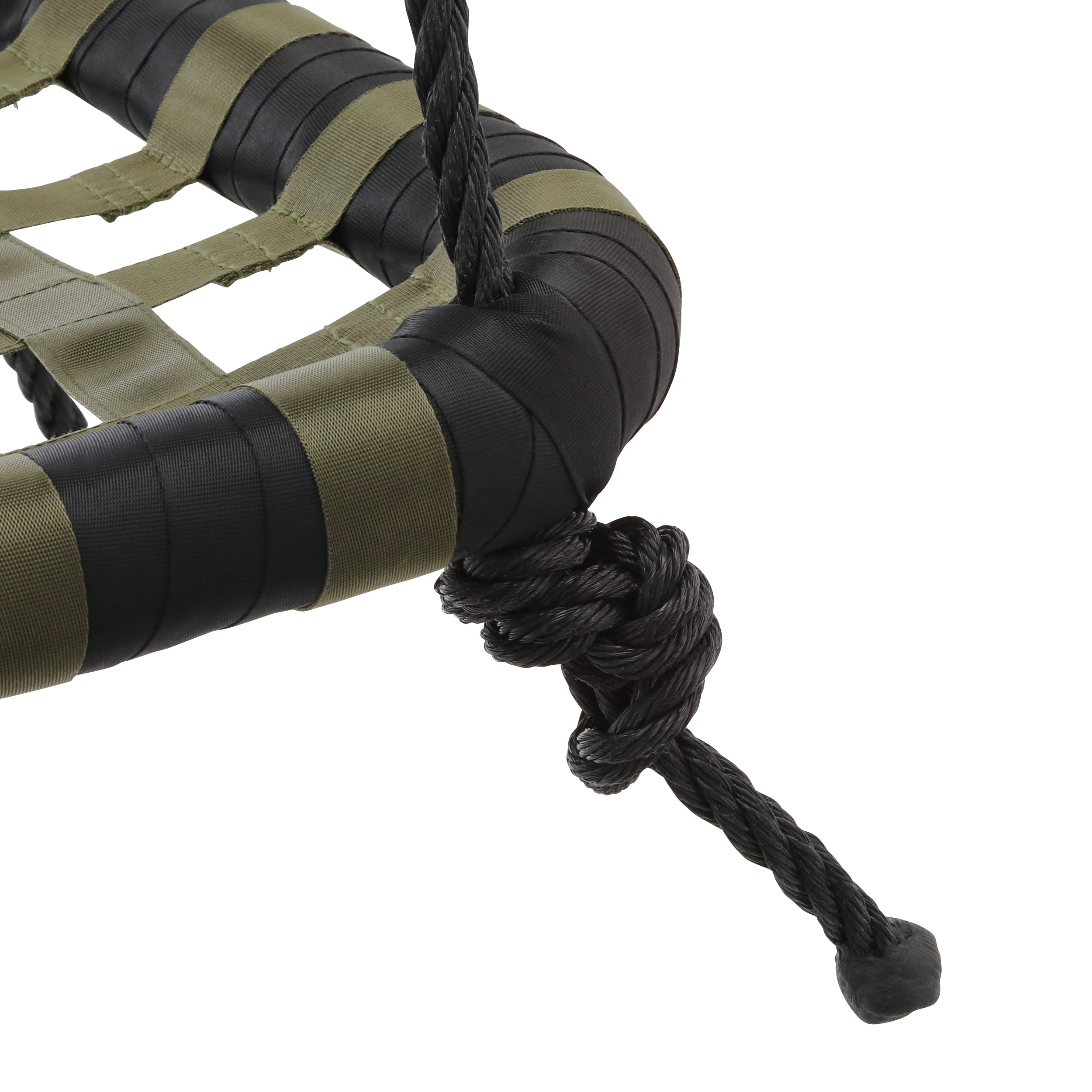 Close-up of woven black and olive green strap swing seat with thick knotted black rope for hanging