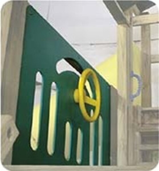 Driving Panel With Steering Wheel for Wooden Swing Set, green polyethylene panel with yellow steering wheel mounted on wooden play structure