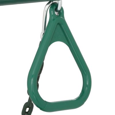 Green trapeze bar with handle grips, metal clip, and attached chain for playground swing set accessory