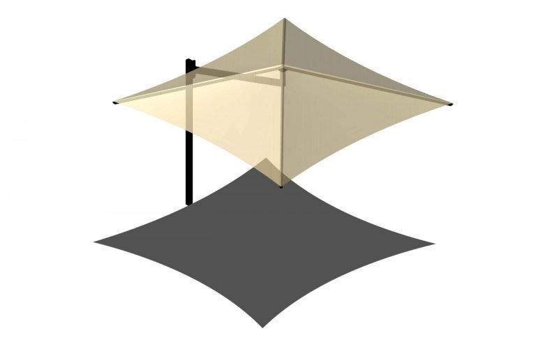 Cantilever Square Umbrella Shade with beige fabric, single side post, casting diamond-shaped shadow, ideal for patios and outdoor seating areas