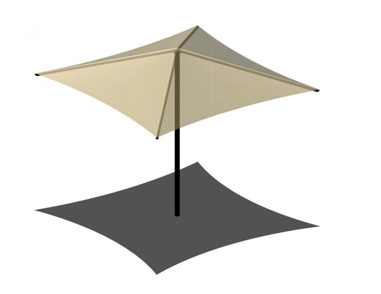 Center Post Square Umbrella Shade with beige UV-blocking fabric and black pole casting a square shadow, designed for outdoor protection