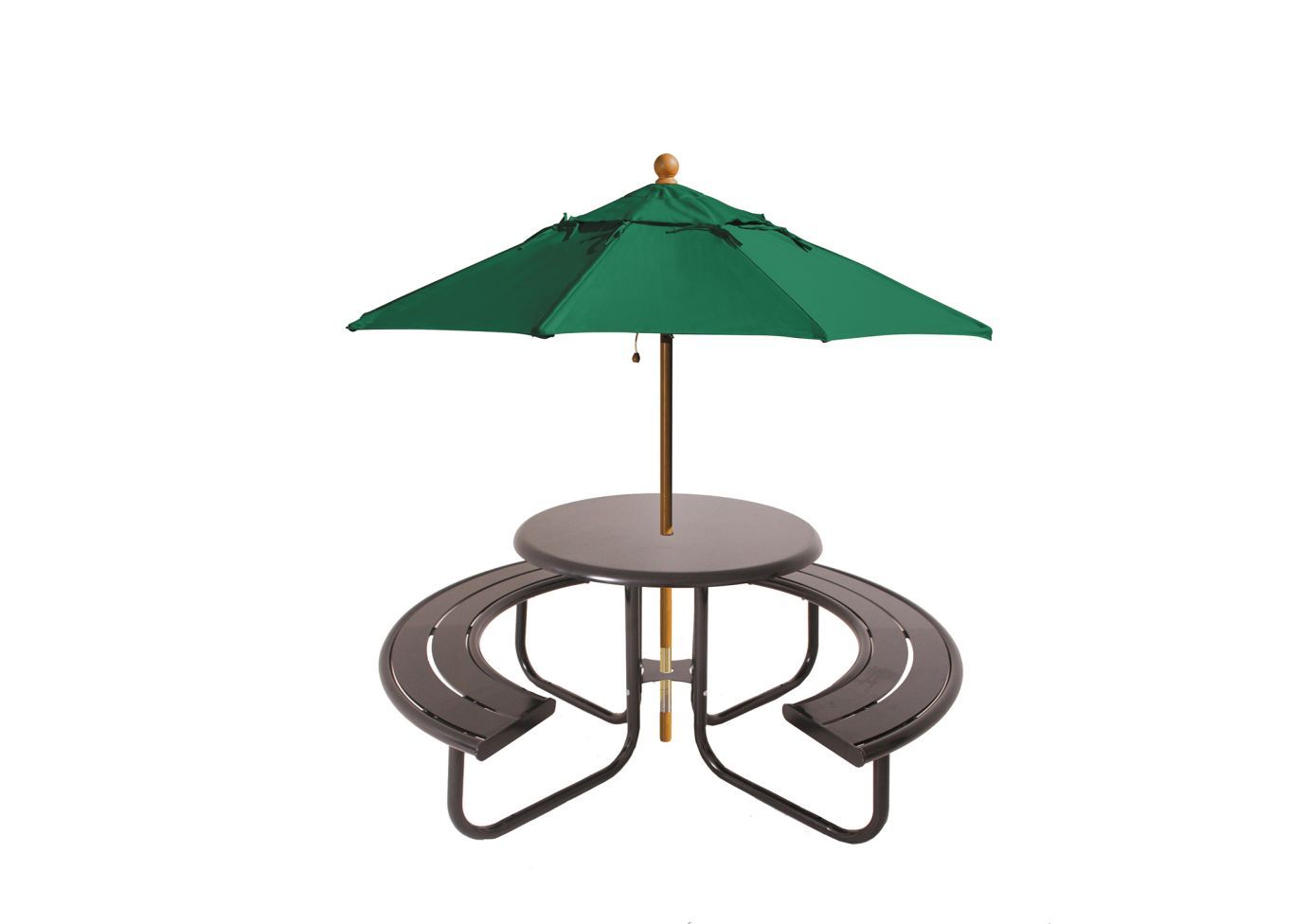 Round outdoor picnic table with curved bench seating, powder-coated metal frame, wide slat design, and green umbrella
