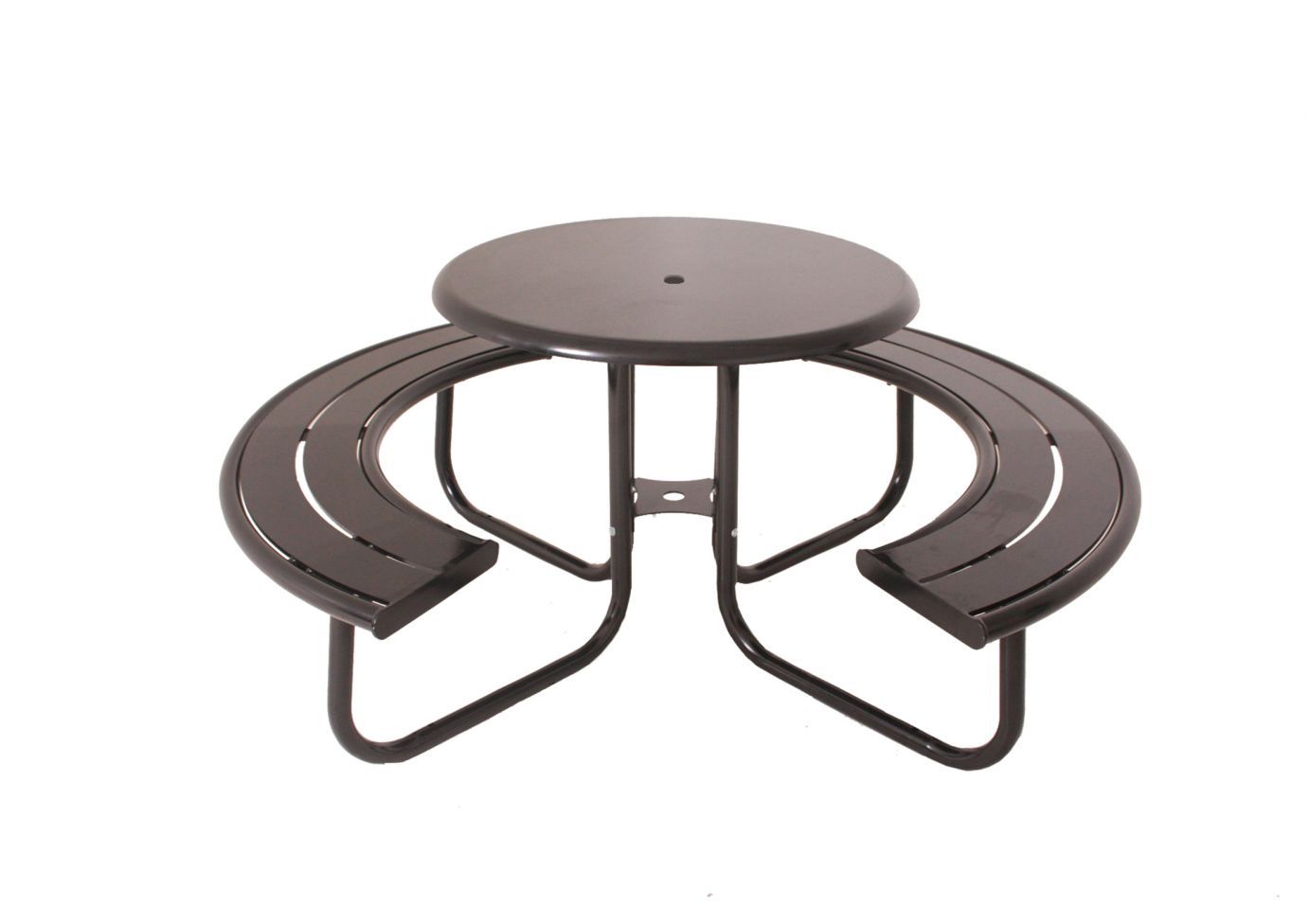 36" Hartford Table round outdoor picnic table with curved bench seating, dark powder-coated finish, umbrella hole, park setting