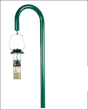 Lantern Hanger with In-ground Mount, galvanized green metal pole with curved top and hanging lantern hook