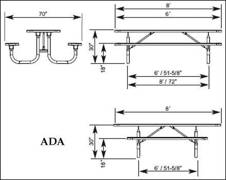 Extra heavy duty ADA-compliant double-sided picnic table with welded walk-through frame and diamond plank surface, shown in side and front views.