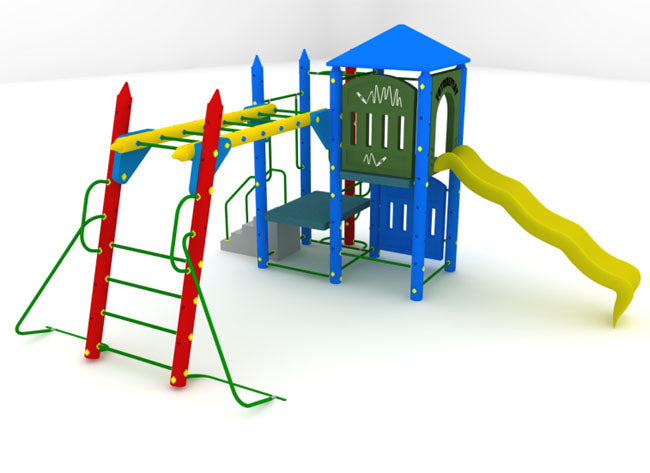 Fort Delaware Large Play System with multi-height decks, yellow slide, blue pyramid roof, red and green climbers, and activity panels