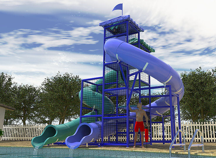 Lake Victoria Water Slide with two curved blue and green flumes, metal frame, poolside setting, and lifeguard figure nearby